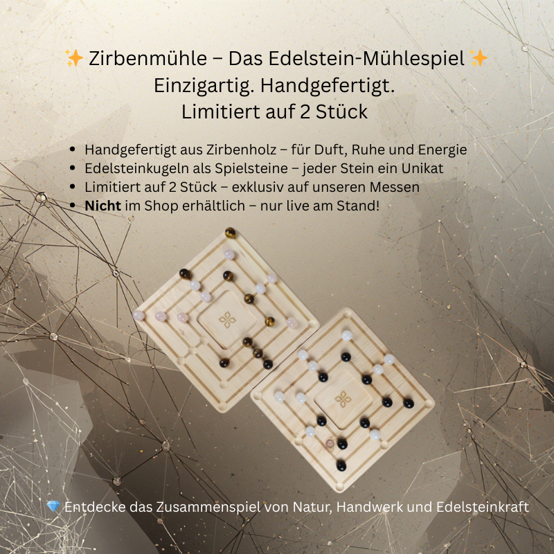 Zirbenmühle – Das Edelstein-Mühlespiel - Zirbenmühle – Handgefertigtes Edelstein-Mühlespiel