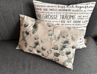 Zirbenkissen 50x30 cm mit Eukalyptus Muster dekoriert auf Sofa