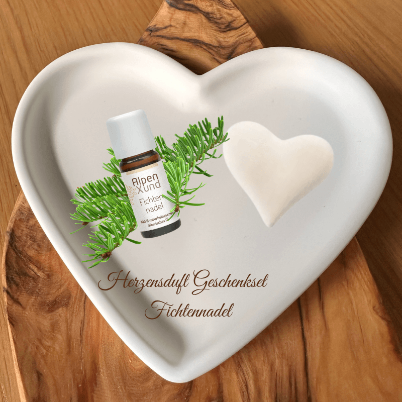 Herzensduft Geschenkset – Keramikherz, Aroma Duftstein & ätherisches Öl-Fichtennadel