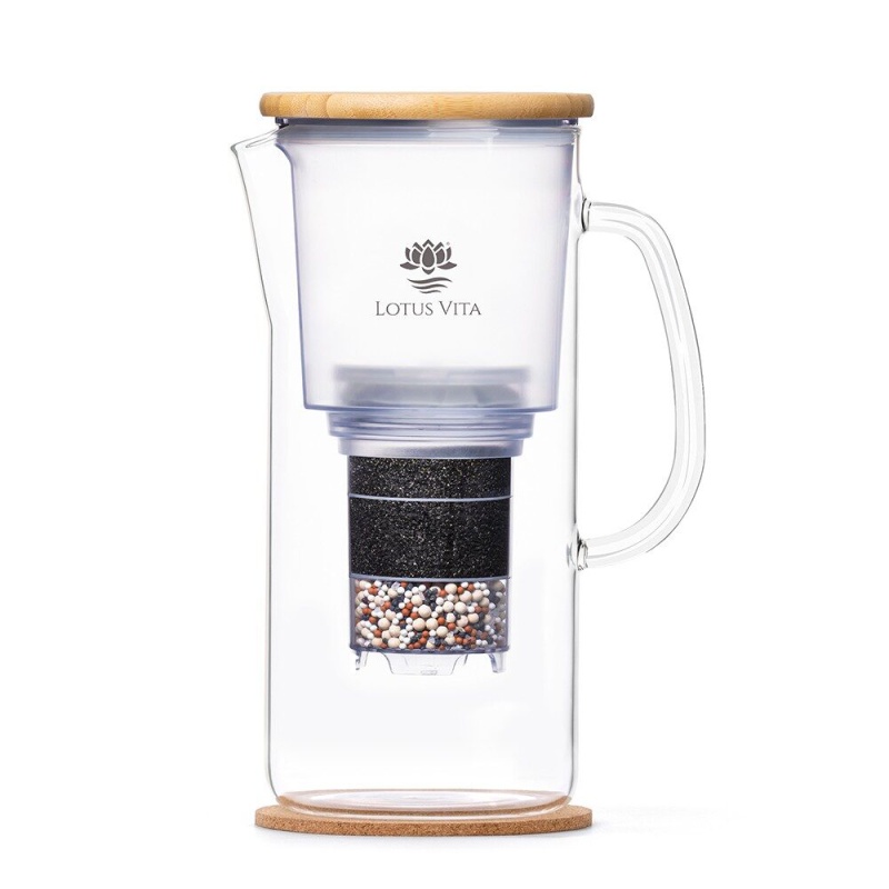 ENYA Wasserfilterkanne 1,4 L aus Glas mit Bambusdeckel
