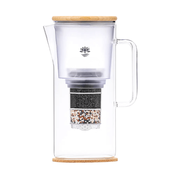 Glas-Filterkanne KATARA mit Bambusdeckel  & optionalen Edelsteinfach